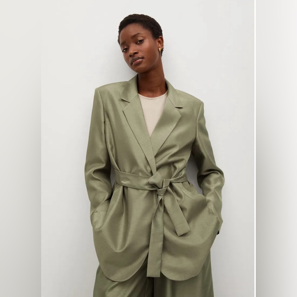 Mango Sage Green Women's Belted Blazer